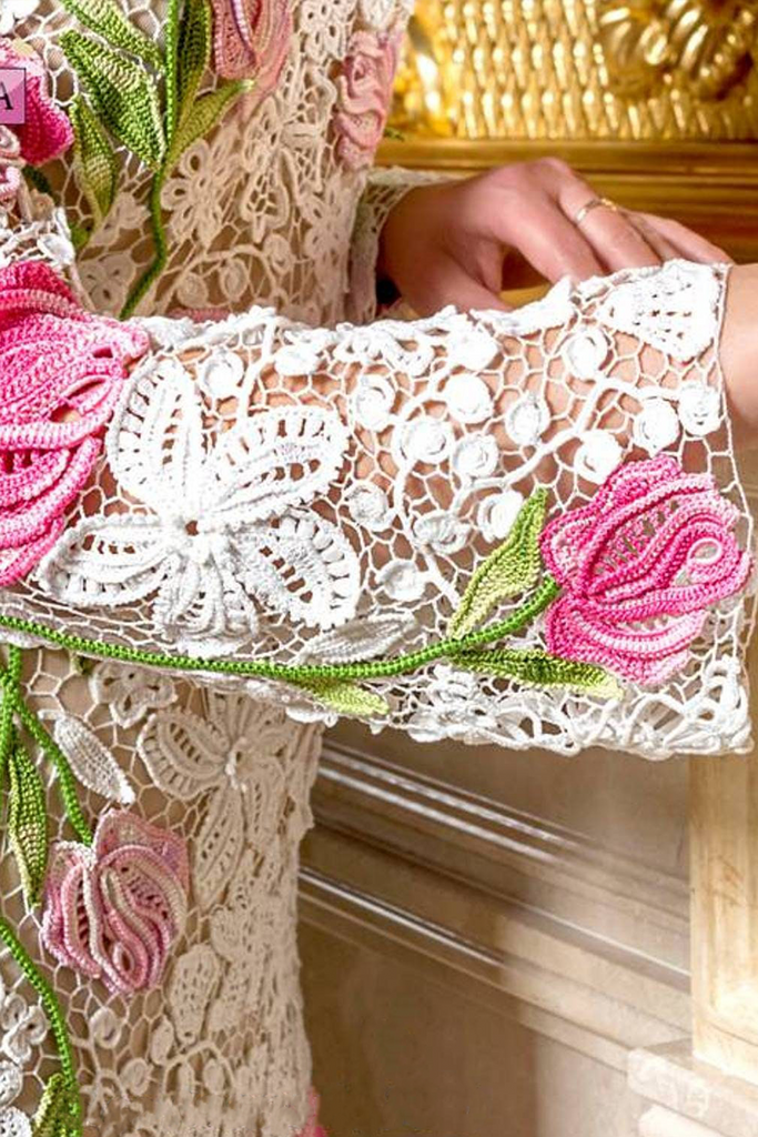 Irish Symmetrical Floral lace Crochet Pattern Long Sleeve Midi Dress