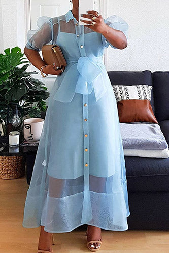 Elegant Evening Pleated Puff Sleeve Casual Lapel Collar Dresses
