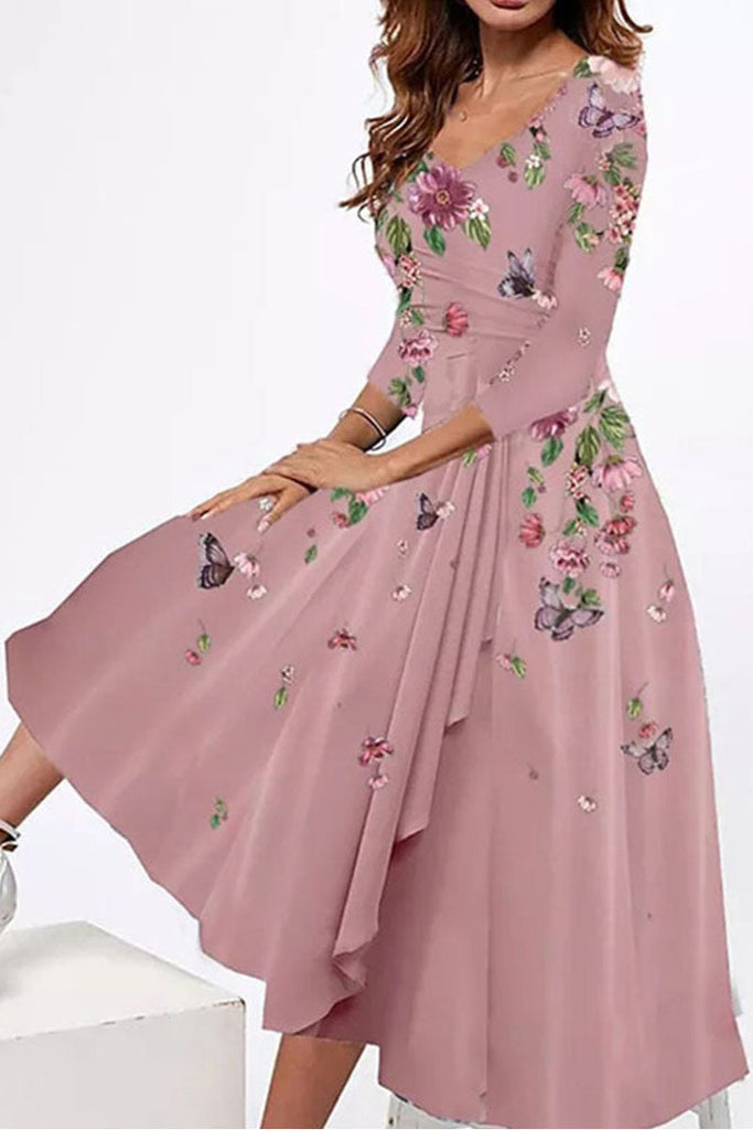 Pink Vintage Flower Women's Long Sleeve Scoop Neck Graphic Midi Dress