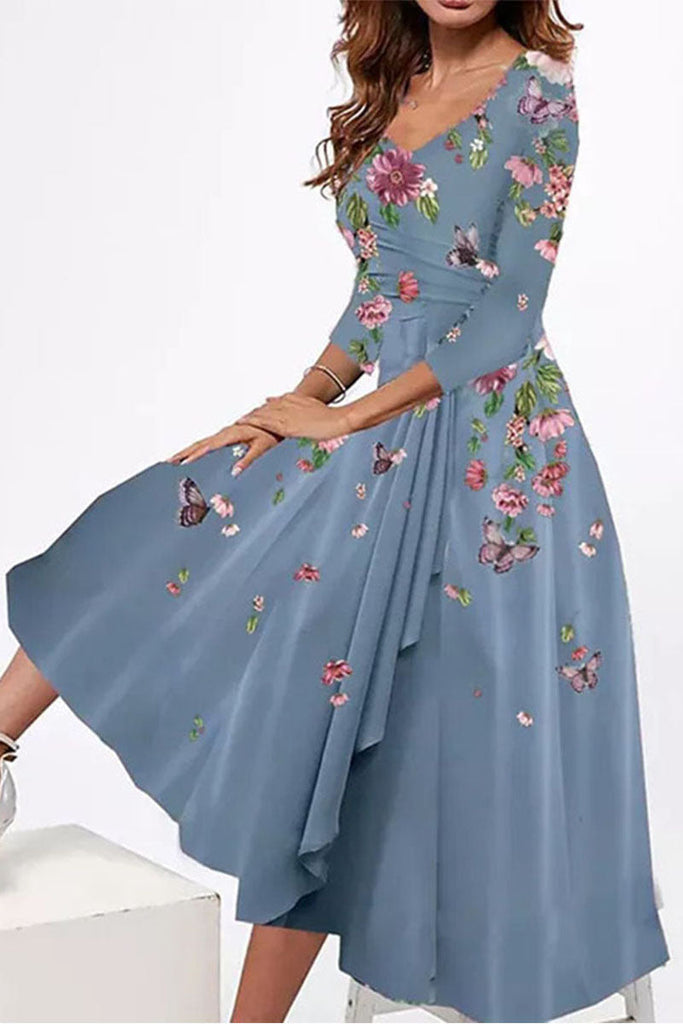Blue Vintage Flower Women's Long Sleeve Scoop Neck Graphic Midi Dress