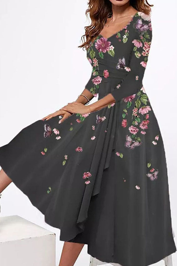 Black Vintage Flower Women's Long Sleeve Scoop Neck Graphic Midi Dress
