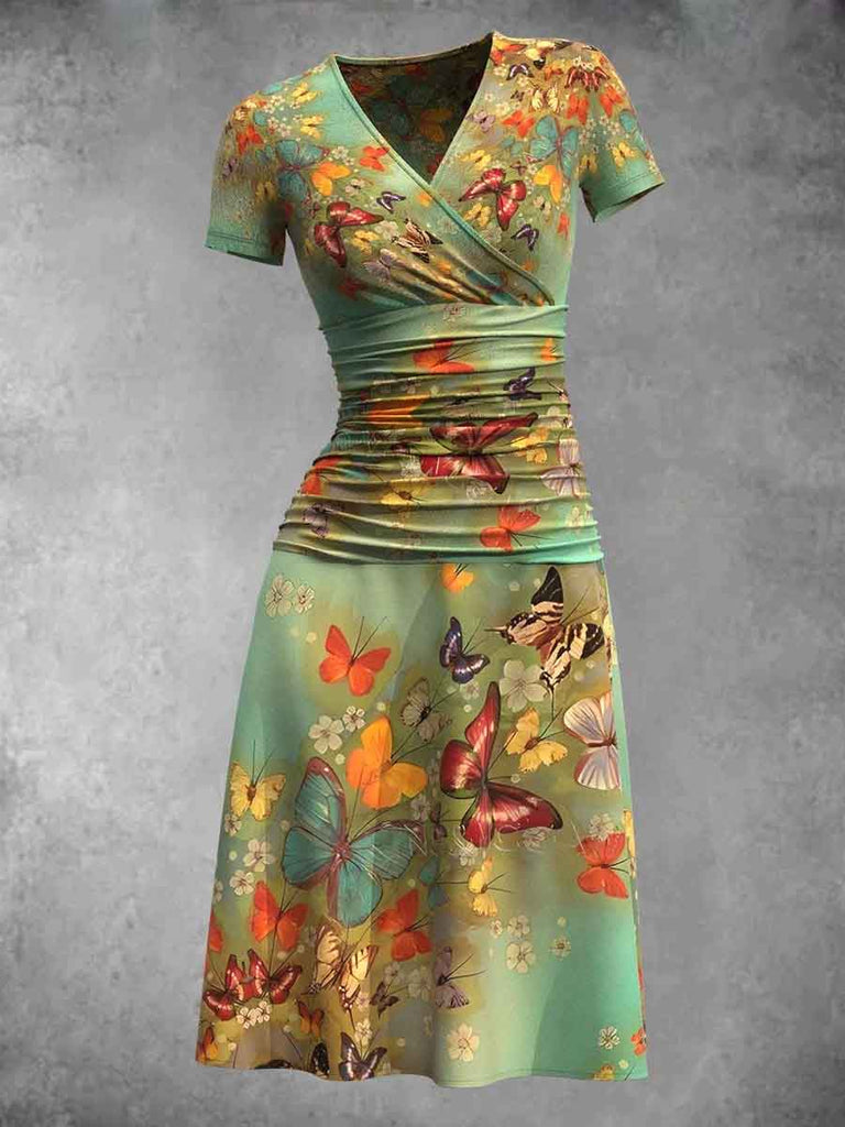 Women's Butterfly Art Short Sleeve Print Midi Dress