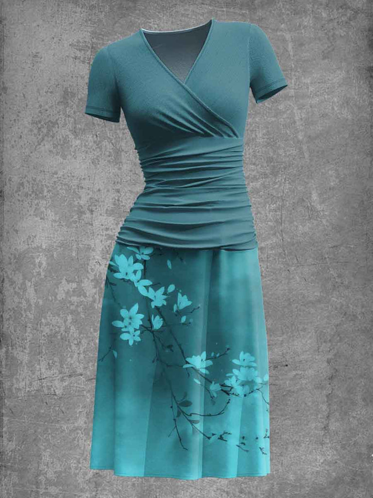 Women's Flower Art Print Short Sleeve Midi Dress