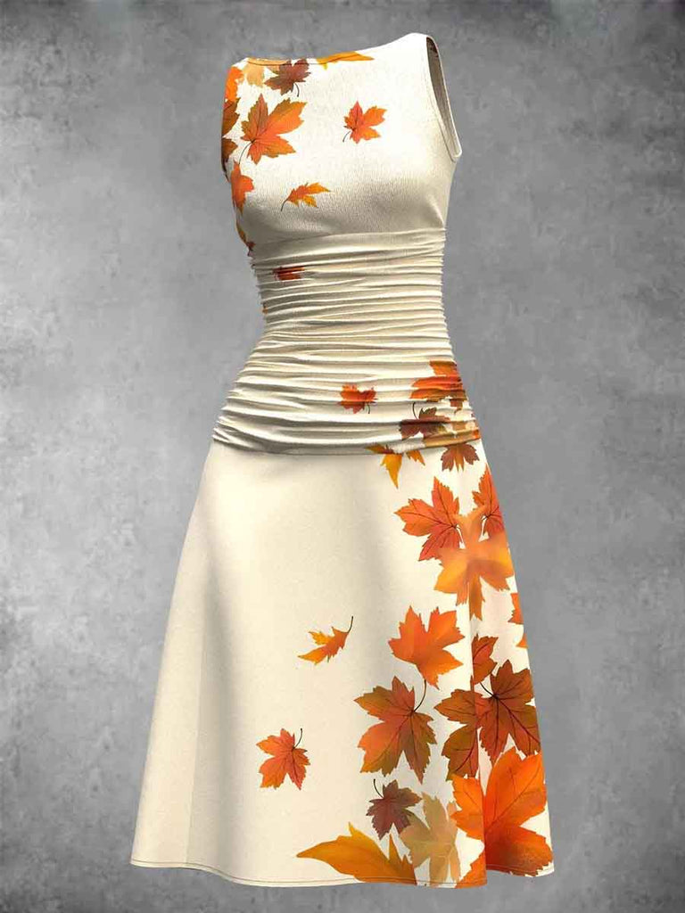 Women's Leaf Art Print Sleeveless Midi Dress
