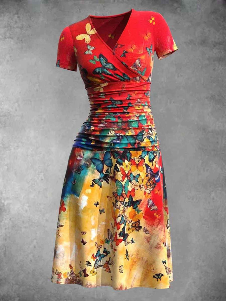 Women's Butterflies Art Short Sleeve Print Midi Dress