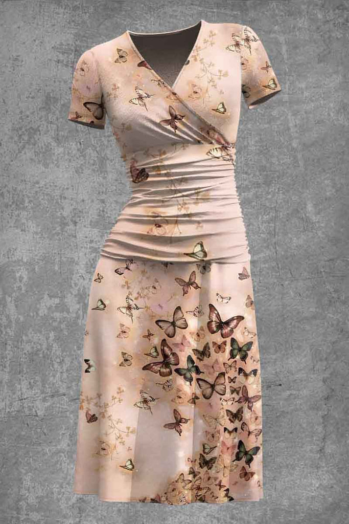Women's Elegant Butterfly Art Print Short Sleeve Midi Dress