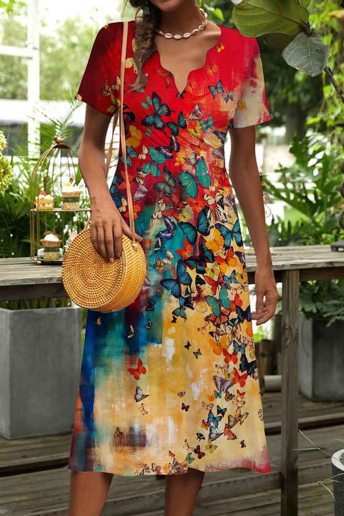 Colorful Butterfly Pattern Print Short Sleeve Midi Dress