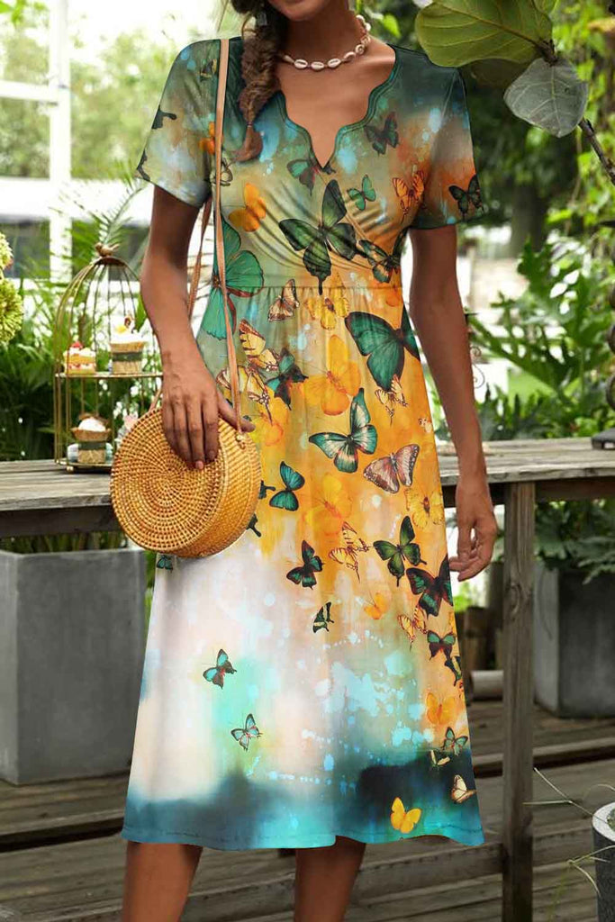Elegant Butterfly Pattern Print Short Sleeve Midi Dress
