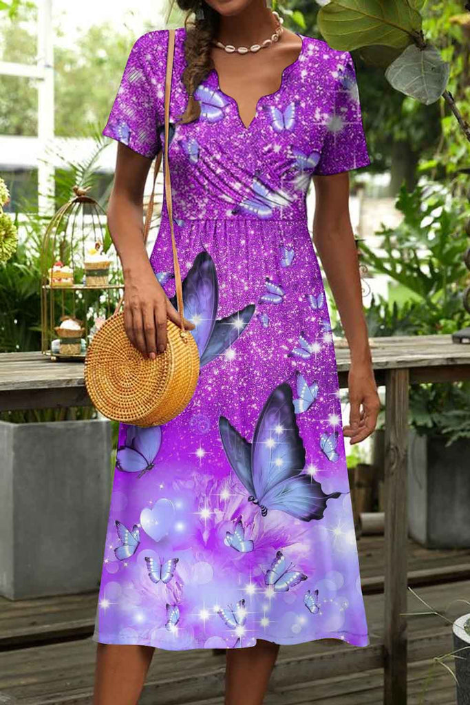 Dream Butterfly Pattern Print Short Sleeve Midi Dress