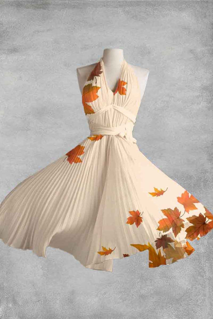 Leaf Art Print A-line Sleeveless halter Midi Dress