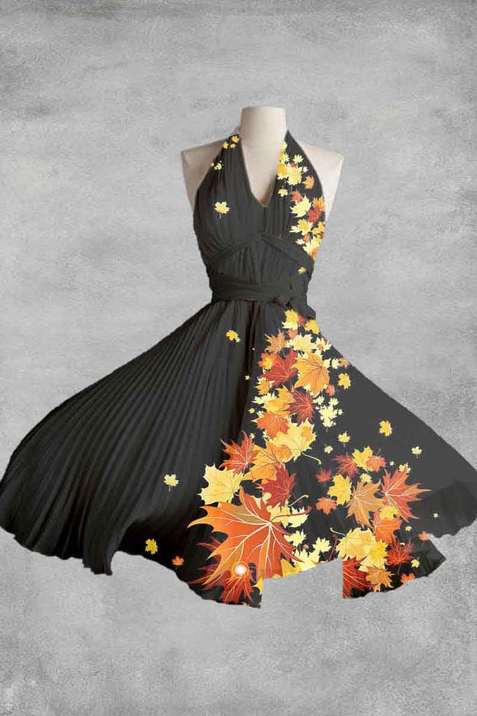 Leaf Art Print A-line White Black Sleeveless halter Midi Dress