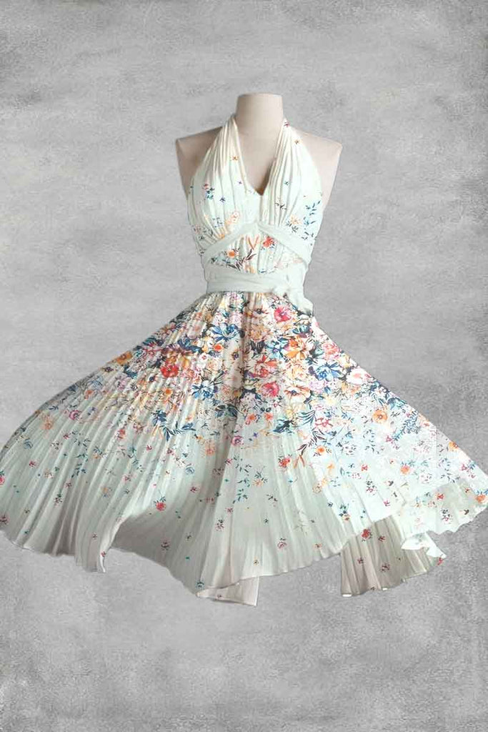 Colorful Floral Print A-line White Sleeveless halter Midi Dress