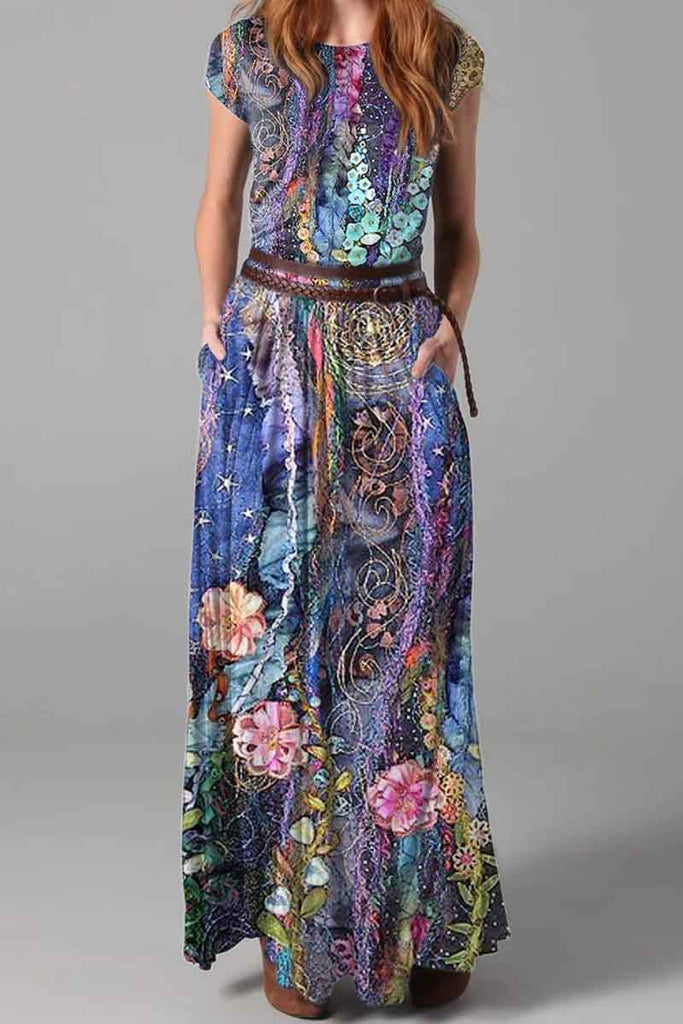 Gorgeous colorful floral print Cotton Blend Vintage Casual Maxi Dress