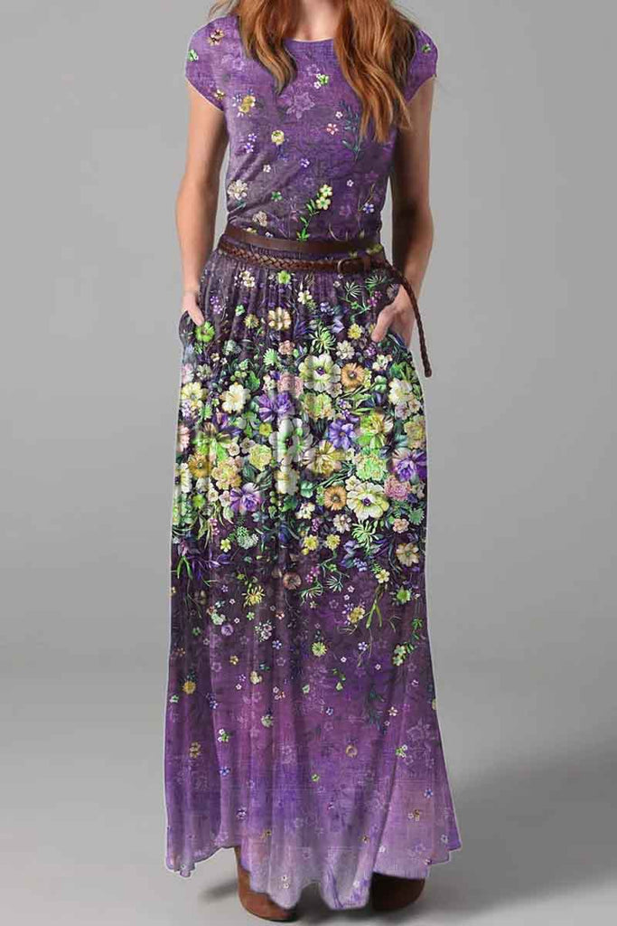 Purple floral print Cotton Blend Vintage Casual Maxi Dress