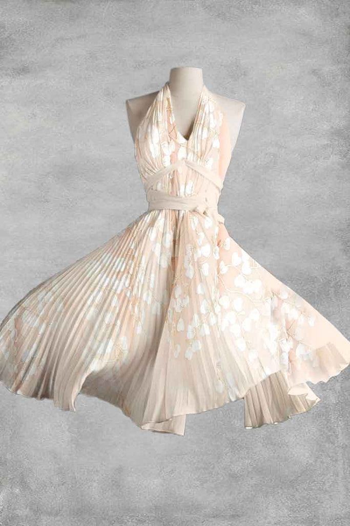 Light color Elegant Print A-line Sleeveless halter Midi Dress
