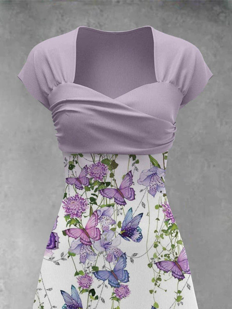 Purple Floral Butterfly Artistic Patchwork Casual Maxi Dress