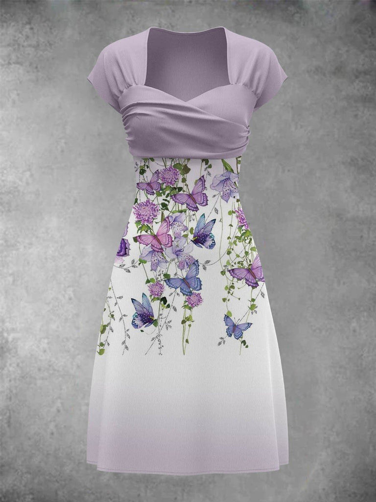 Purple Floral Butterfly Artistic Patchwork Casual Maxi Dress